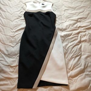 Black/white/ tan body con midi dress
